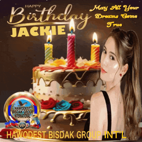 a birthday card for jackie with a woman standing in front of a cake with candles