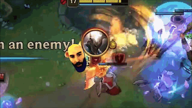 a video game screen shows a man with a beard and says " an enemy "