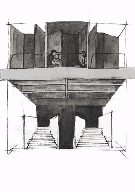 a drawing of two people sitting on a balcony with stairs