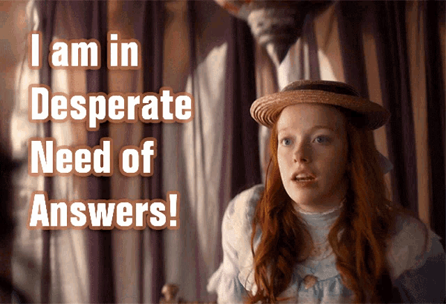 a girl with red hair is wearing a straw hat with the words i am in desperate need of answers behind her