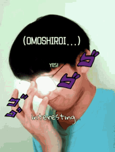 a man wearing glasses with the word omoshiroi written on it