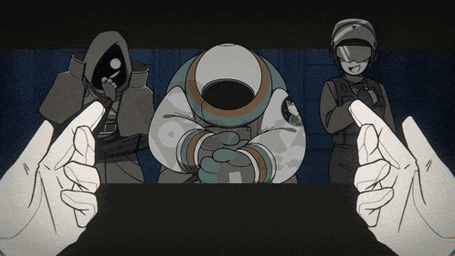 a black and white drawing of a man in a space suit with a hood on