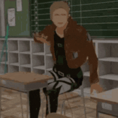 a woman is sitting at a desk with her arms outstretched in a classroom .