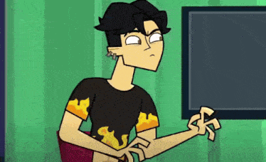 a cartoon character is sitting in front of a television . he is wearing a black shirt with flames on it .