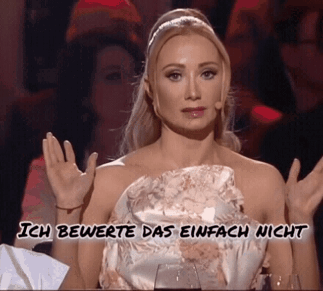 a woman in a white dress with the words ich bewerte das einfach nicht written below her