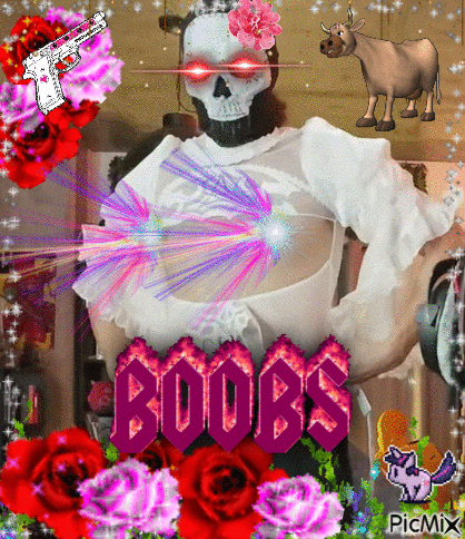 a picture of a woman with a skull on her head and the words boobs on the bottom