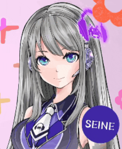 a drawing of a girl with headphones and a button that says " seine "