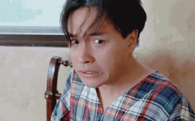 a man wearing a plaid shirt is making a face