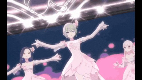 a girl in a pink dress is dancing on a stage with other girls