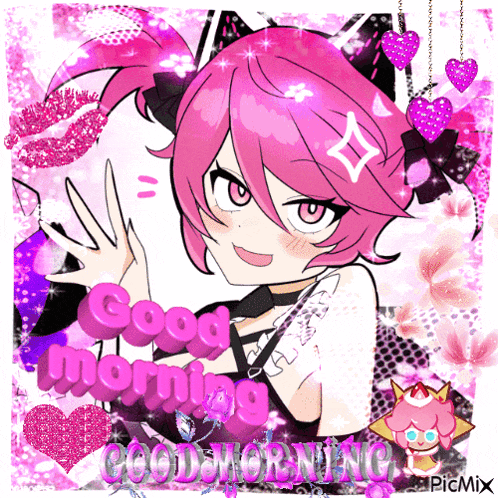 a girl with pink hair says good morning