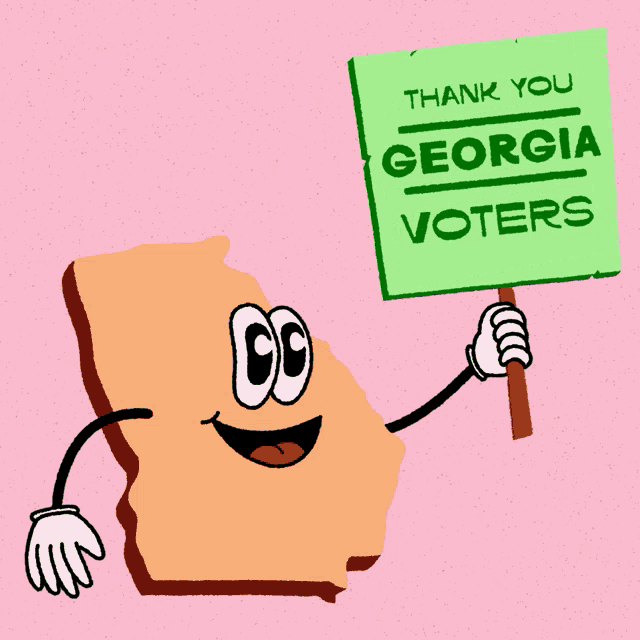 a cartoon drawing of georgia holding a sign that says thank you georgia voters