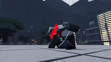 a video game character is holding a sword in front of a building