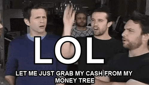a group of men are standing next to each other and one of them is saying `` lol let me just grab my cash from my money tree ''