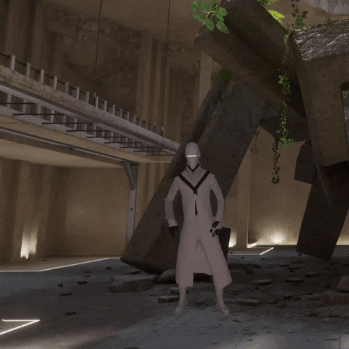a man in a white suit is standing in a room with rocks and plants