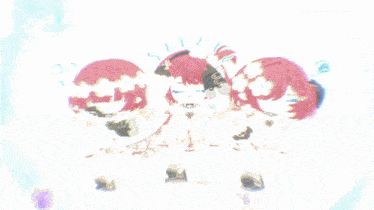 a close up of a cartoon character with red hair and white wings