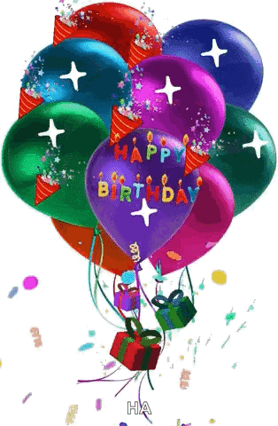 a bunch of colorful balloons with the word happy birthday on them