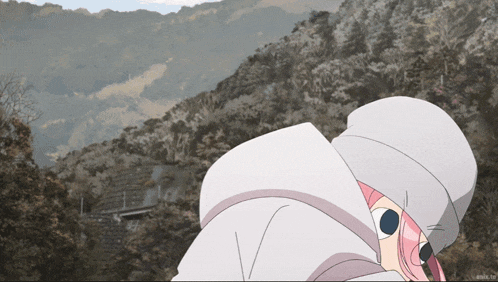 a drawing of a girl with pink hair and a white hat