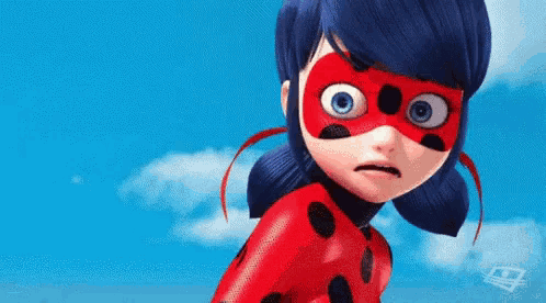 ladybug from miraculous is wearing a red mask and making a funny face