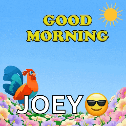 a picture of a rooster with the words good morning joey on it