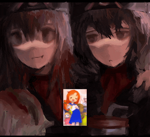 a painting of two girls with a picture of a girl with orange hair