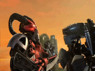 a robot with horns is standing next to another robot with a sword