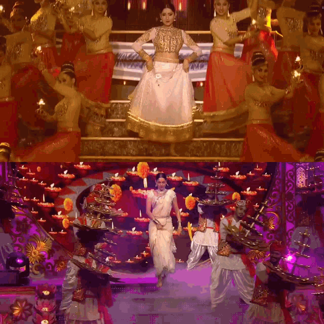a woman in a white dress is dancing in front of a group of dancers