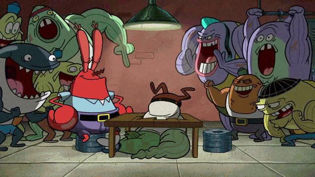 a group of cartoon characters are gathered around a table including mr krabs