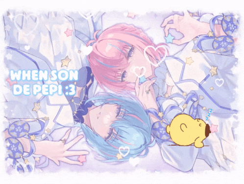 a drawing of two girls laying next to each other with the words when son de pepi 3 above them