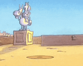 a cartoon of a man holding a briefcase and a statue of a horse