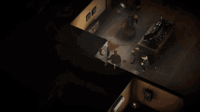 an aerial view of a room with a sign that says ' nyc county '