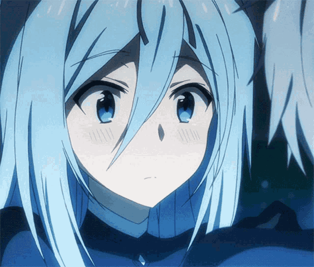 a close up of a girl with blue hair