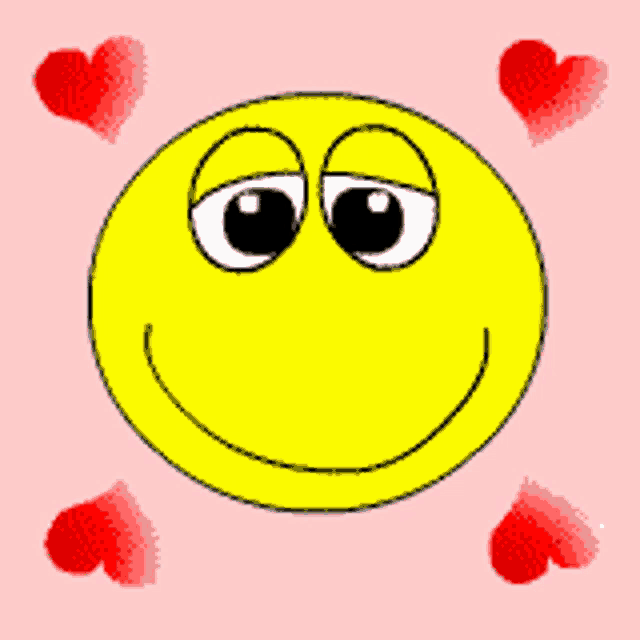 a yellow smiley face with big eyes is surrounded by red hearts