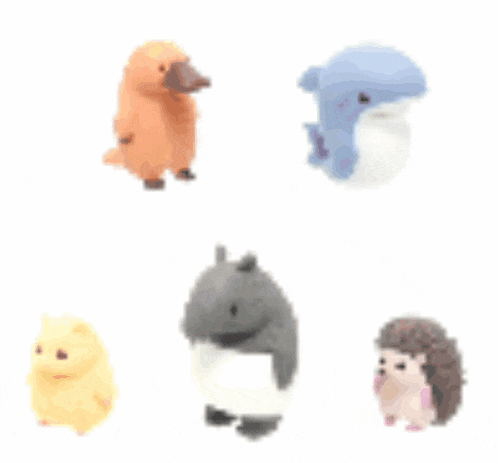 a group of stuffed animals including a duck , dolphin , hamster , and hedgehog