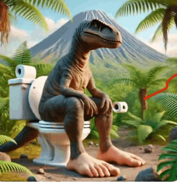 a dinosaur is sitting on a toilet with a roll of toilet paper