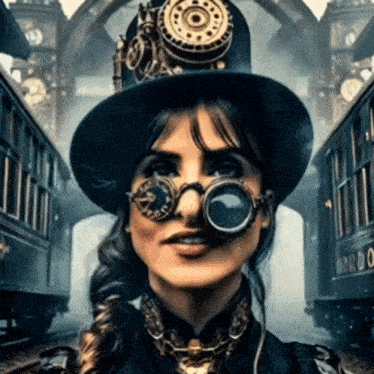 a woman wearing a hat and goggles stands in front of a train that says domino on it