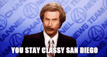 a man in a suit and tie says you stay classy san diego in front of a channel 4 news team