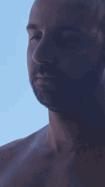 a shirtless man with a beard is looking at the camera