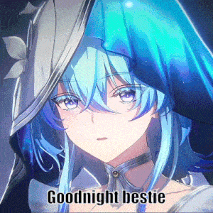 a girl with blue hair and purple eyes is wearing a hooded hat and says goodnight bestie .