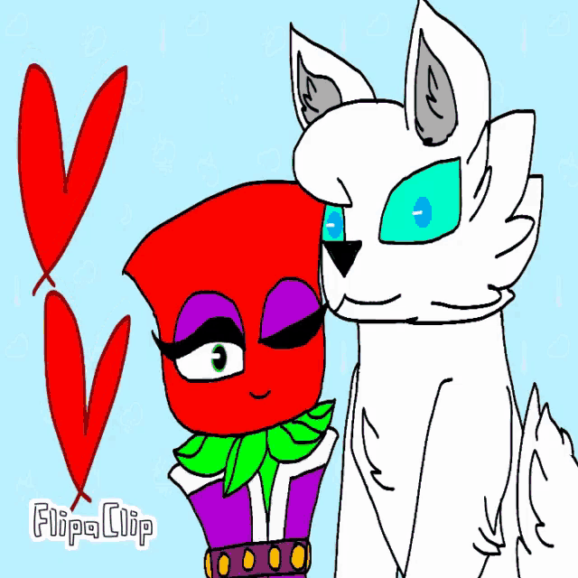 a drawing of a white cat and a red cartoon character with flipa clip written on the bottom right