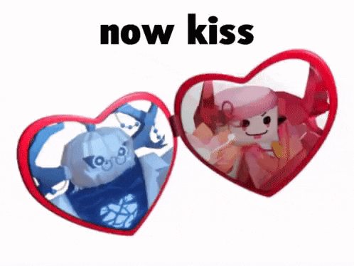 a couple of hearts with a picture of a girl and a boy inside of them and the words `` now kiss '' .