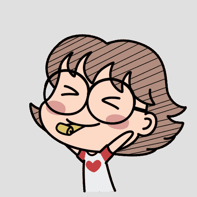 a cartoon drawing of a girl wearing glasses and a red heart shirt