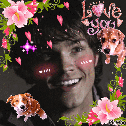 a picture of a man surrounded by flowers and hearts with the words " i love you " on top