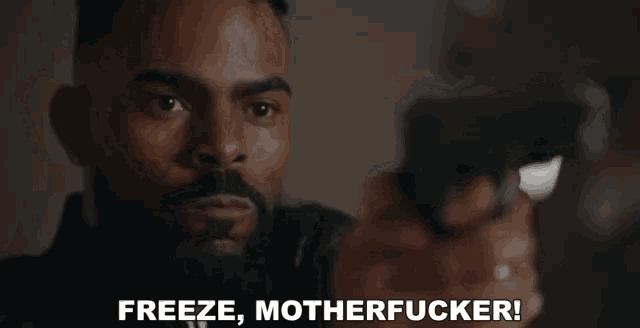a man with a beard is pointing a gun at the camera and saying freeze motherfucker