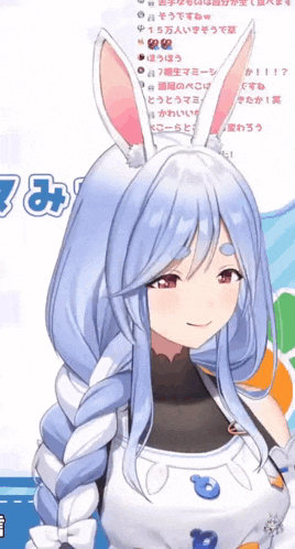 a girl with long blue hair and bunny ears is smiling