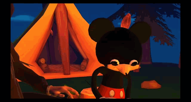 a group of people sitting around a campfire with mickey mouse in the middle