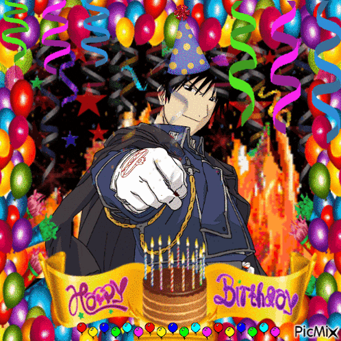 a birthday card with a man wearing a party hat and a birthday cake with candles