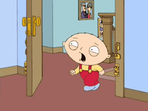 a cartoon character with a surprised look on his face stands in front of a door