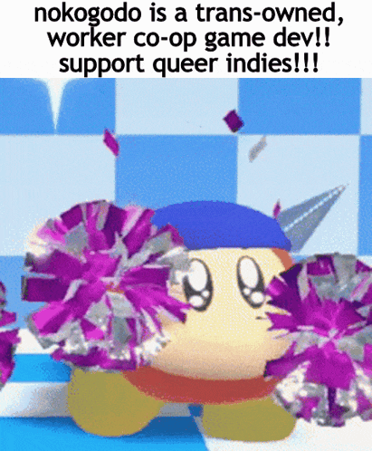 a cartoon character is holding purple pom poms and says nokogode is a trans-owned worker co-op
