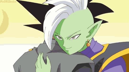 a cartoon character with green hair and white hair is hugging another character