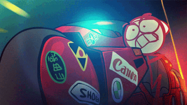 a cartoon character is riding a red motorcycle with the word canon on the side